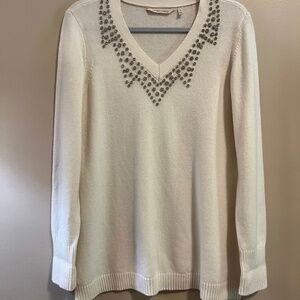 Soft Surroundings Wool Blend‎ Ivory Rhinestones Embellished Sweater Size S